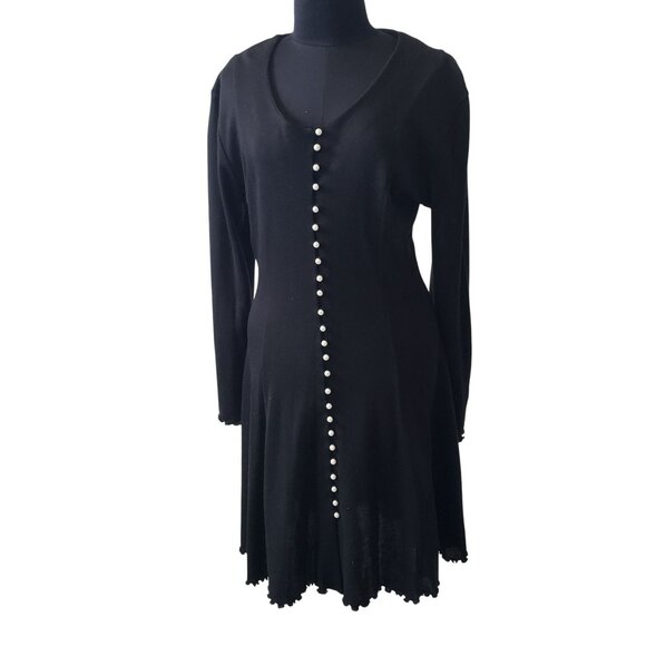 California Gold Rush 90s Black Long Sleeve Lettuce Fit Flare Dress Pearl Buttons - Picture 1 of 12